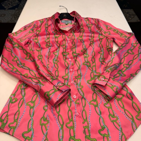 Hawes & Curtis Fitted Shirt Top Women UK 8 US S Button Up Chain link Print Pink - Picture 6 of 9